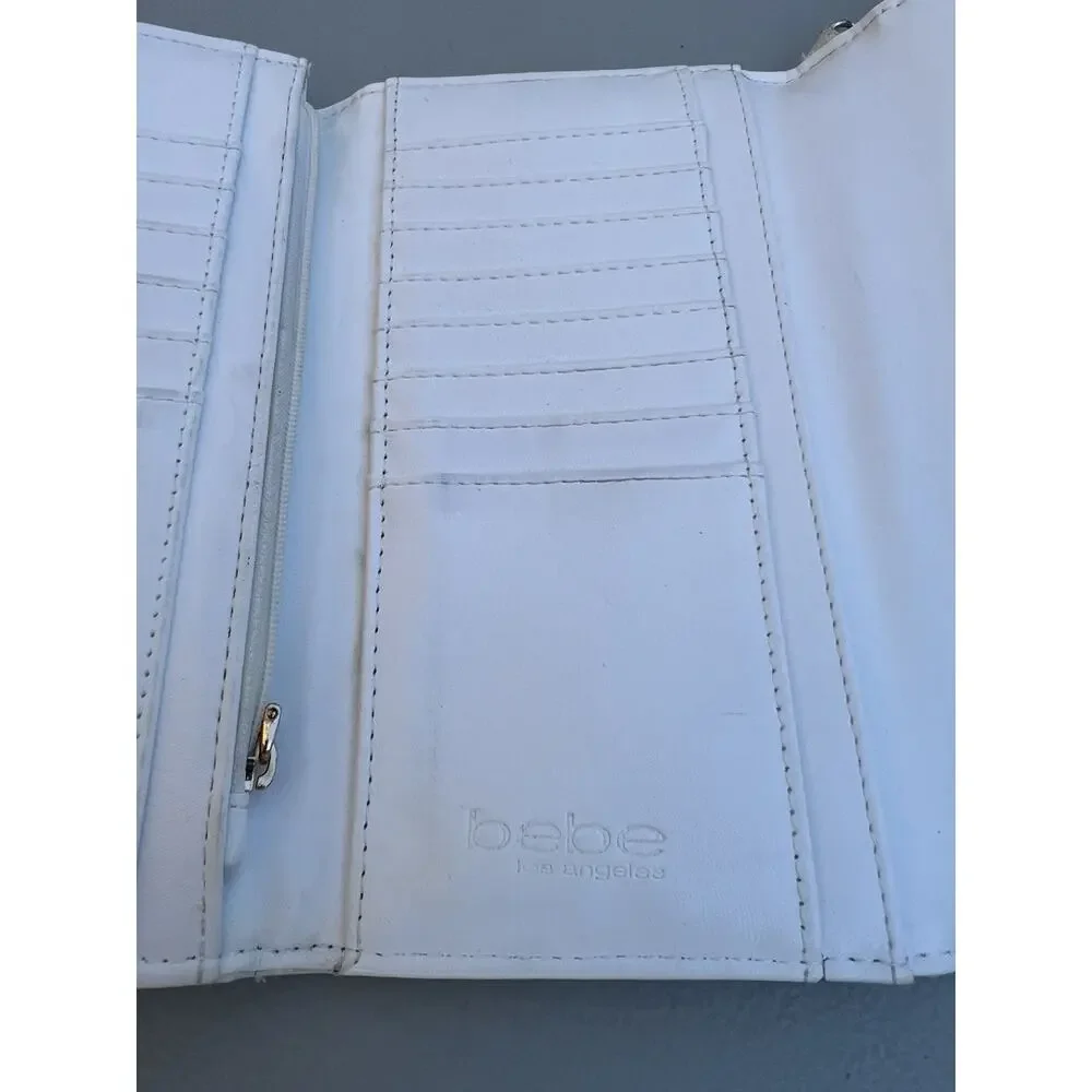 Bebe Embossed Logo White Leather Wallet Wristlet Strap Y2K Clutch